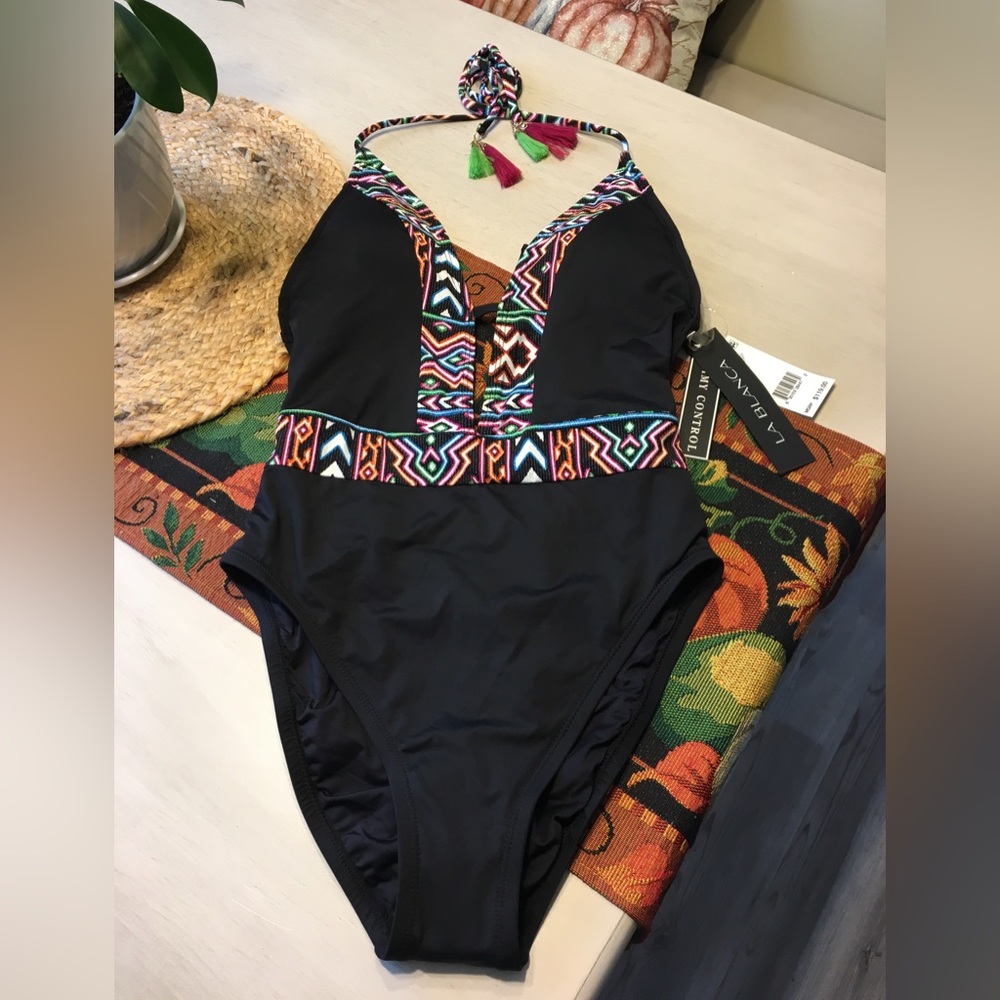 La Blanca La Azteca Plunge Halter one piece swim suit Black Size 6